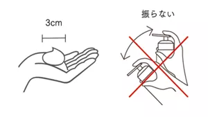 直径約3cmの使用量と、振らずに使う操作を示すメーカー説明図。図：花王公式。